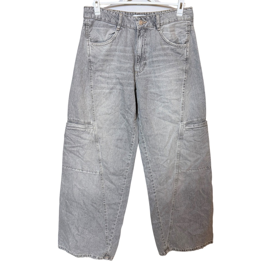 Zara Cargo Jeans Womens 8 Gray Wide Leg High Rise Paneled Denim 5575/201/802/40